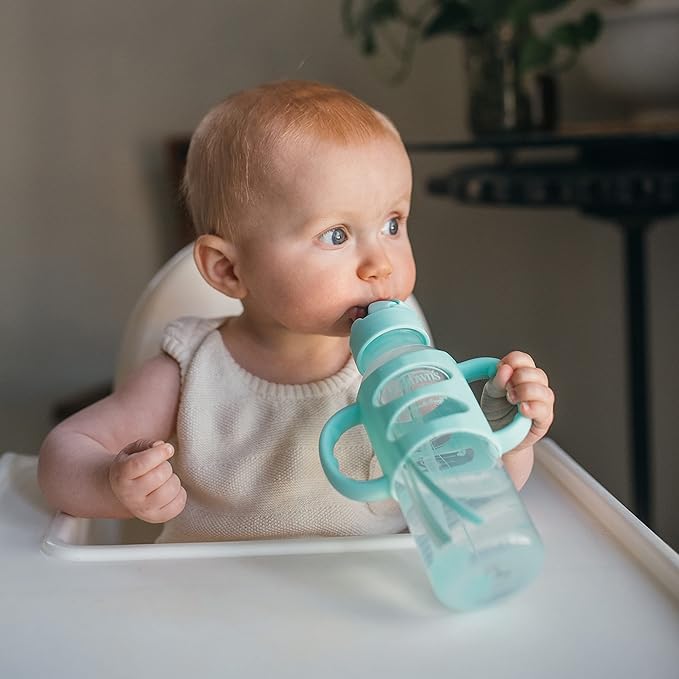 Dr. Brown's Milestones Narrow Sippy Straw Bottle, Spill-Proof with 100% Silicone Handles and Weighted Straw, 8 oz/250 mL, Gray & Green, 6m+