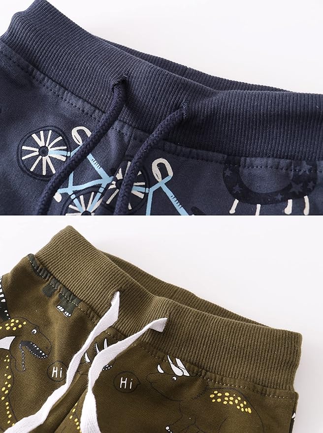 HUAER& Baby Boy's Jogger Pants Dinosaur Car Animal Print Drawstring Elastic Sweatpants 2-Pack
