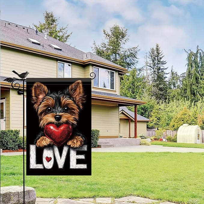 Cute Kasha Dog Garden Flag Holding Red Heart Love Sign Double Sided Yard Banner - Image 6