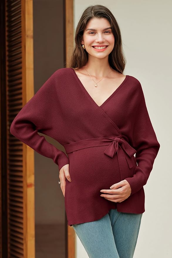 OUGES Womens Soft Cotton Blend Maternity Sweater Wrap V Neck Long Sleeve V Back Fall Shirts Pregnancy Outfits with Belt