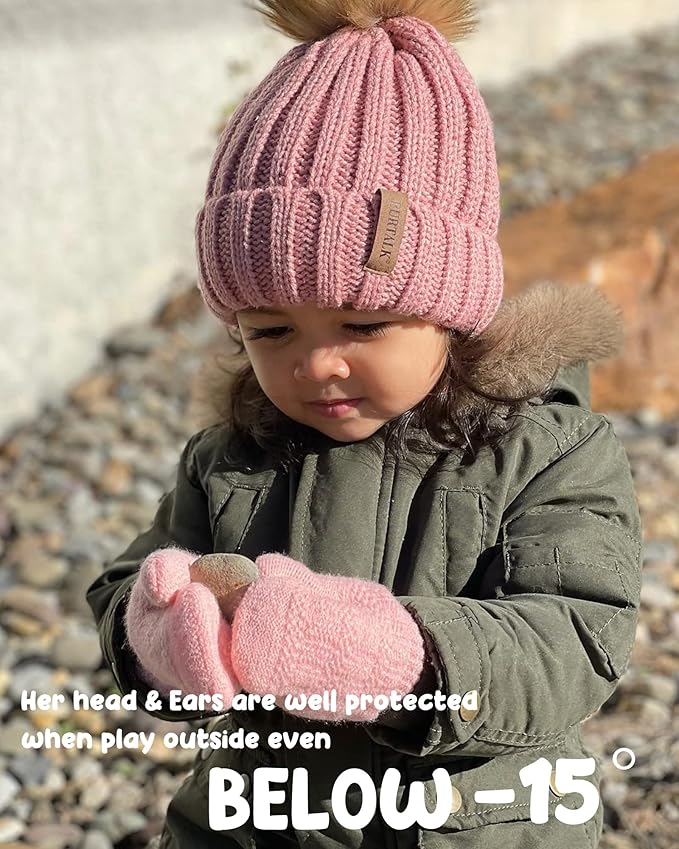 FURTALK Kids Winter Hat Toddler Knitted Beanie with Faux Fur Pom Poms for Baby Girls Boys