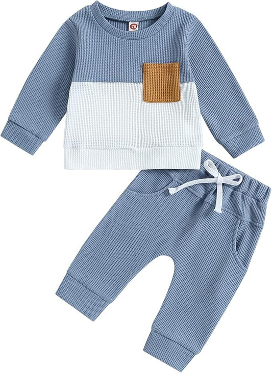 Toddler Baby Boy Fall Clothes Waffle Contrast Color Sweatshirt Pants Sets Infant Winter Outfits 6 12 18 24 Months