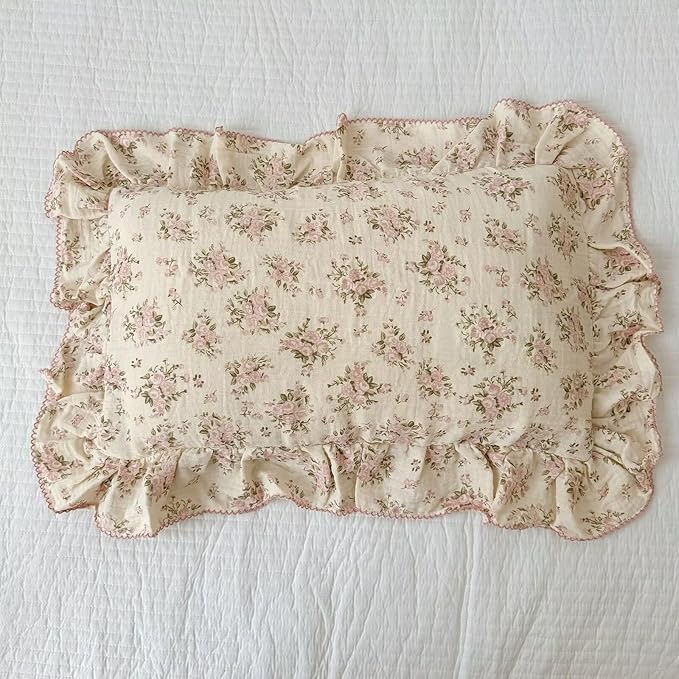 BuLuTu Muslin Cotton Toddler Pillowcases 14"x20", Shabby Chic Pink Floral Kids Pillow Cases Fit Toddler Pillow Sized 13"x18" Soft Children Pillow Covers for Girls Boys, Envelope Closure