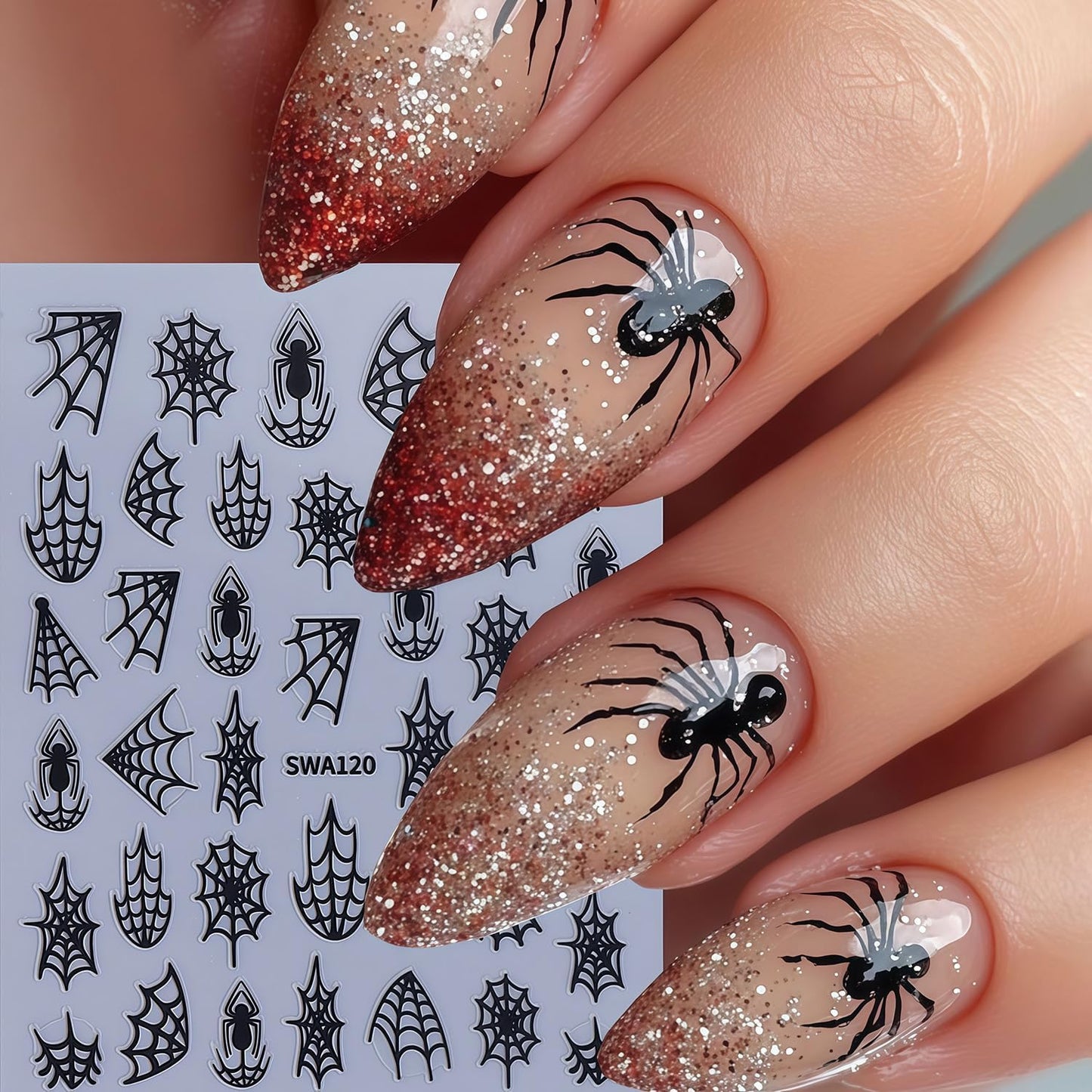 10 Sheets Spider Nail Art Stickers Halloween Nail Decals 3D Self-Adhesive Laser Black White Gold Silver Spiders and Spider Web Nail Sticker Design DIY Holiday Party Nails Supplies for Salon Manicure