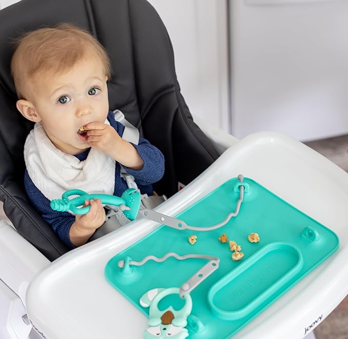 BUSY BABY Silicone Mat - New and Improved Suction Cups, 4 Straps to Secure Baby Essentials, Self Feeding, Baby Led Weaning, Travel Sleeve Included (Spearmint)