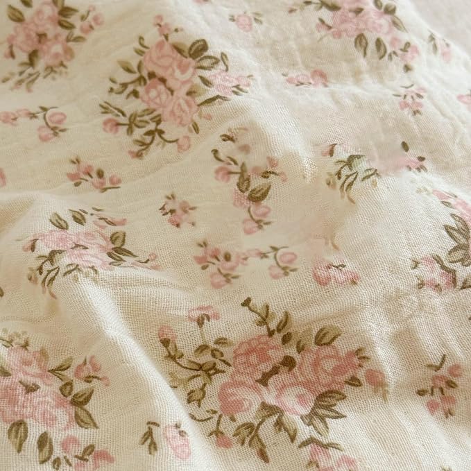 BuLuTu Cotton Muslin King Pillow Case, Chic Shabby Pink Floral Print Pillowcase for Teens Adults Children, French Country Ruffled Edges Pillow Cases,20x36 inch, 1 Piece, Pink Peony