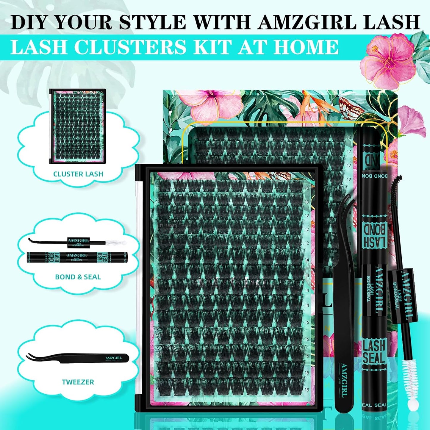 Lash Clusters Kit 140pcs Lash Extension Kit Cluster Lashes Fluffy Look with Lash Bond and Seal Waterproof, Lash Tweezer with Wet Look Ultra-Thin Band Lashes(Sunflower,D-10-18mm)