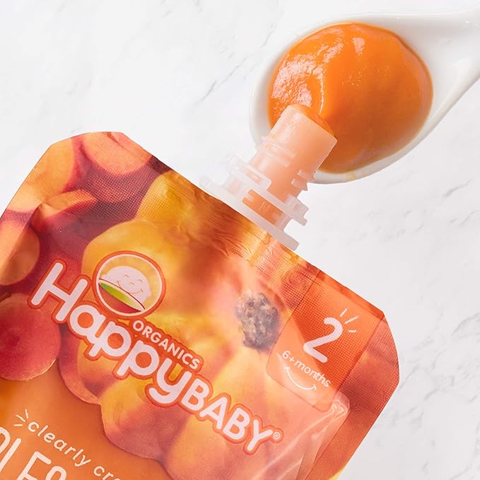 Happy Baby Organics Stage 2 Baby Food Pouches, Gluten Free, Vegan & Healthy Snack, Clearly Crafted Fruit & Veggie Puree, Apples, Pumpkin & Carrots, 4 Ounces (Pack of 16)