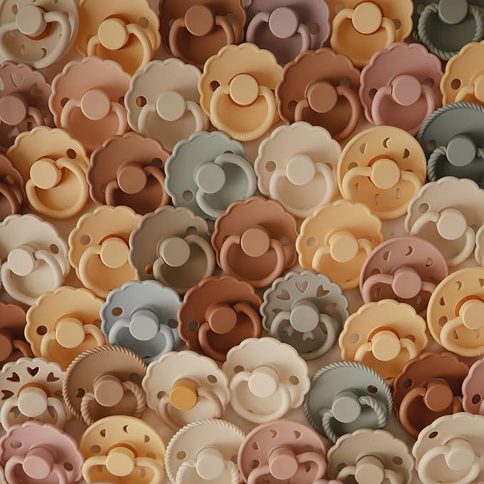 FRIGG Daisy Natural Rubber Baby Pacifier | Made in Denmark | BPA-Free (Rose Gold/Honey Gold, 0-6 Months) 2-Pack