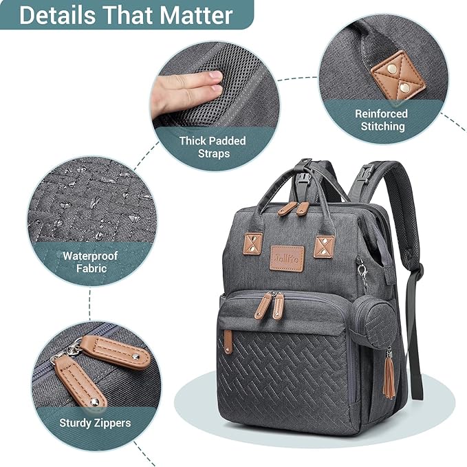 JOLLITO Diaper Bag Backpack with Changing Station Large Capacity Multifunction Baby Bags for Boy Girl Travel For Moms Dads Baby Registry Search Essentials Shower Gifτs Gray