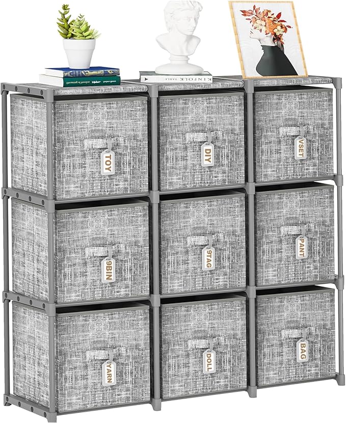 9 Cube Closet Organizer with Beautiful Printed Drawers + Labels, Storage Shelf, Toy Cubby Organizer