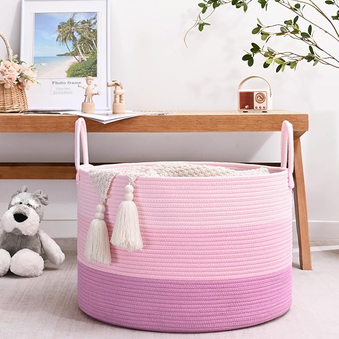 67L Rainbow Storage Basket for Organizing, 20"×13" Large Tall Laundry Baskets, Cotton Rope Woven Blanket Basket, Toy Storage for Kids, Collapsible Laundry Hamper for Living Room, Nursery Room