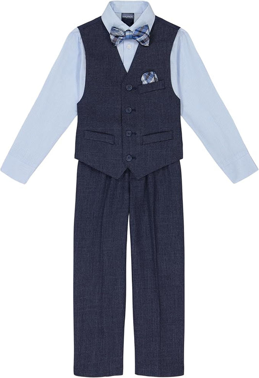 Nautica Boys' 4-Piece Formal Suit Set with Vest, Pants, Collared Dress Shirt, and Tie