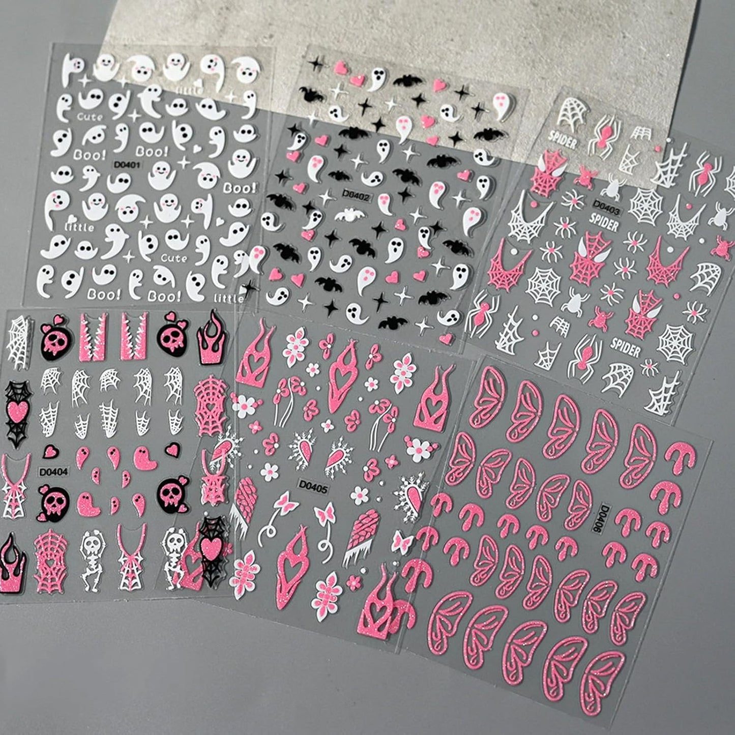 Halloween Nail Art Stickers Decals with Cute Ghost Skeleton Spider Web Bat Stars Love Flower Butterfly Design Glitter Nail Stickers DIY Festival Nail Decoration for Women Girls 6 Sheets