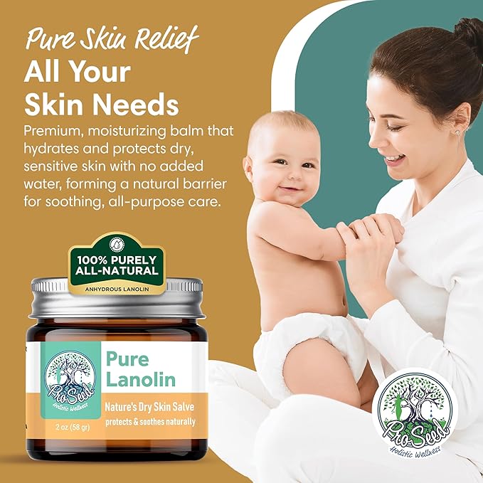 ProSeed Handmade Pure Lanolin Balm – US Pharmacopeia Grade for Moms, Babies & Skin Essentials – Single Ingredient Moisturizer for Dry, Sensitive Skin – Glass Jar, 2oz