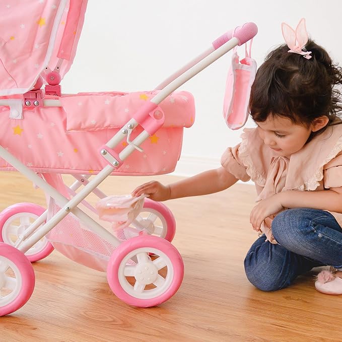 Olivia's Little World - Play Baby Doll Bassinet Stroller, Baby Doll Pram Stroller Buggy for 3 4 5 Year Old Girls, Toy Stroller for Toddlers 1-3, Twinkle Stars Princess Deluxe Toy Stroller - Pink/White