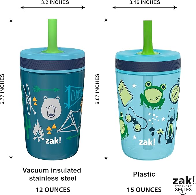 Zak Designs Campout and Camping Kelso Tumbler Set, Leak-Proof Screw-On Lid with Straw, Bundle for Kids Includes Plastic and Stainless Steel Cups with Bonus Sipper, 3pc Set, Non-BPA