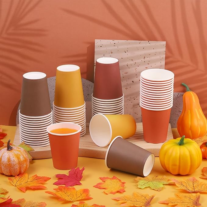 URATOT 60 Pieces 9 Ounce Disposable Paper Cups Autumn Color Party Cups Thanksgiving Fall Drinking Cups for Party, DIY, and Holiday, 4 Colors