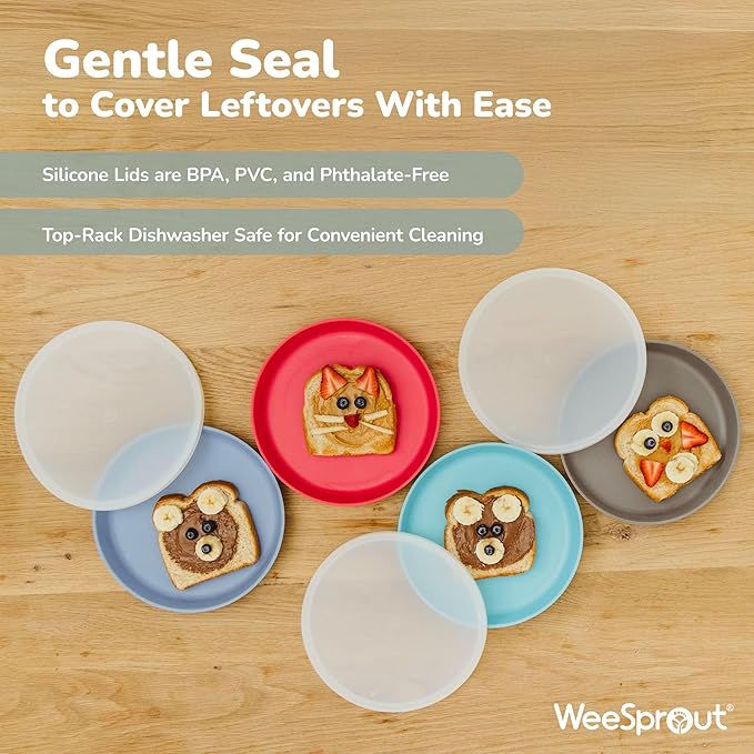 WeeSprout Bamboo Plates with Silicone Lids, Set of 4, Kid-Sized Dinnerware, Cereal, Leftovers & Snacks, Dishwasher Safe Melamine Dishware (Blue, Yellow, Orange, and Red)