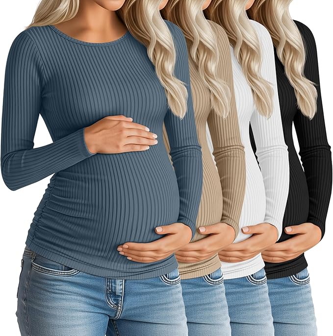 Huukeay 4 Pack Women's Maternity Shirts, Long Sleeve Cotton Ribbed Pregnancy Tops Side Ruched Crew Neck Casual Mama Clothes