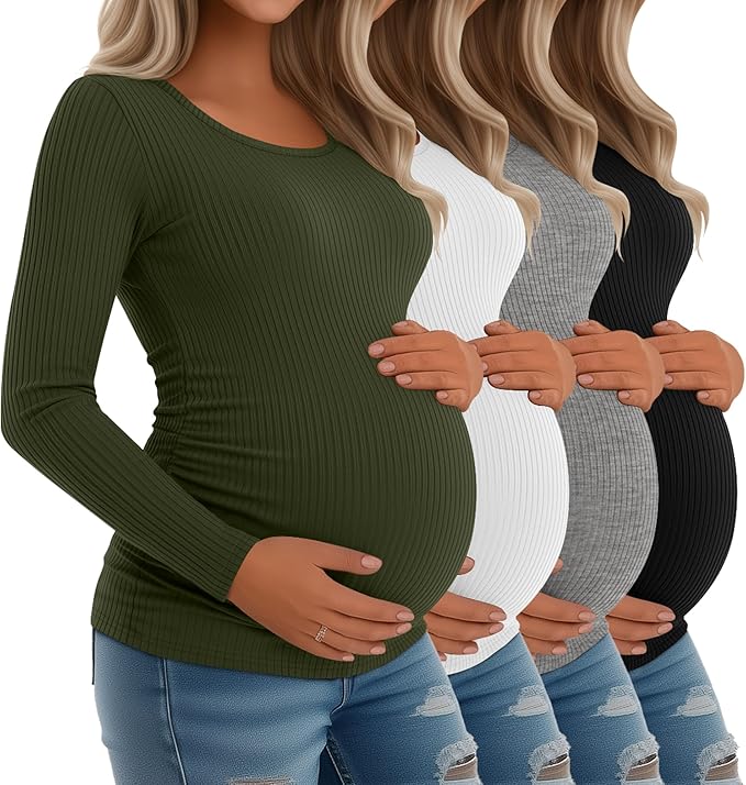 Riyiper 4 Pack Women's Maternity Shirts, Long Sleeve Cotton Ribbed Pregnancy Tee Top Crewneck Side Ruched Casual Mama Clothes