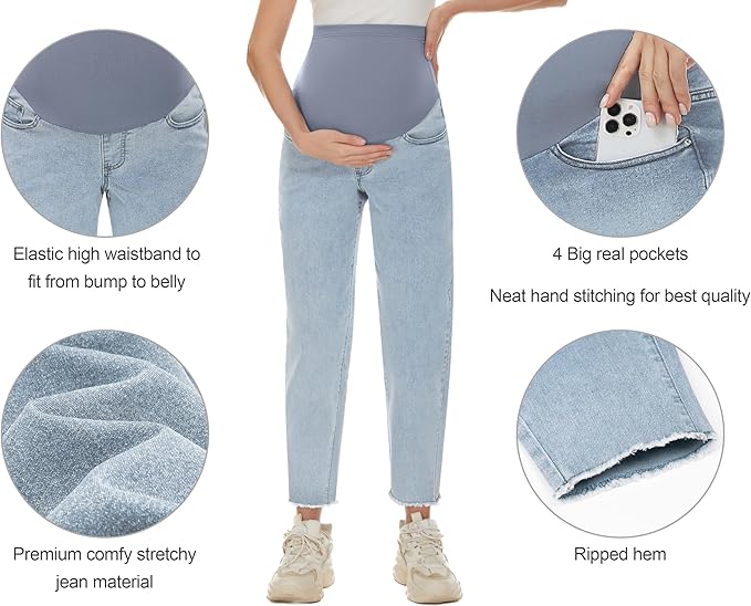 POSHGLAM Women's Maternity Jeans Over Belly Comfy Stretch 28'' Boyfriend Jeans Loose Pregnancy Pants, S-XXL
