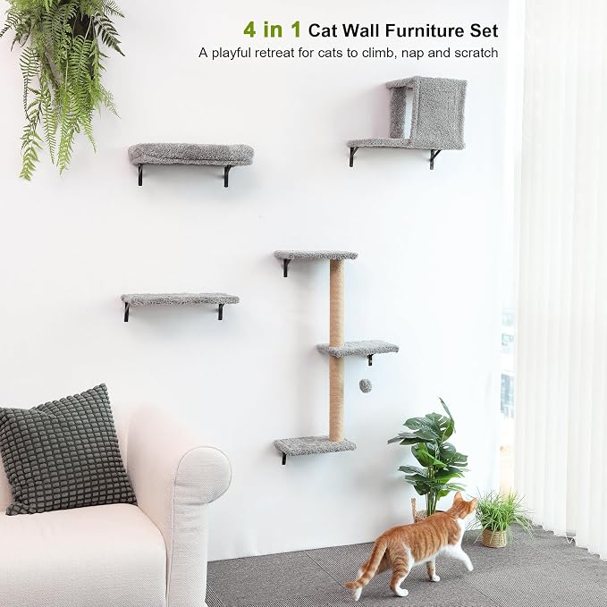 FUKUMARU Cat Wall Shelves, Stable & Safe 4 in 1 Cat Furniture Set, Wooden - Image 2