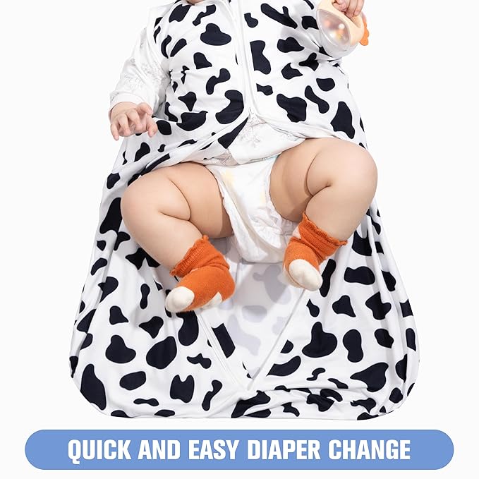 Baby Sleep Sack 0-6 Months Baby Wearable Blanket 100% Rayon Cotton 2-Way Zipper Toddler Sleeping Sack，Comfy Soft Lightweight TOG 0.3（Cow Print）