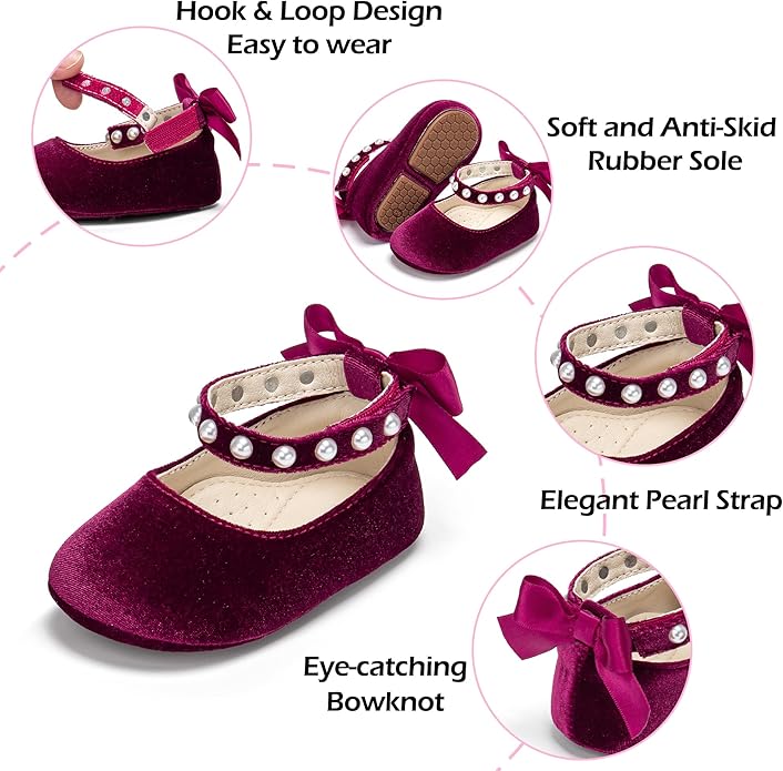 Baby Girls Mary Jane Flats - Infant Newborn Walking Shoes Soft Rubber Sole Princess Wedding