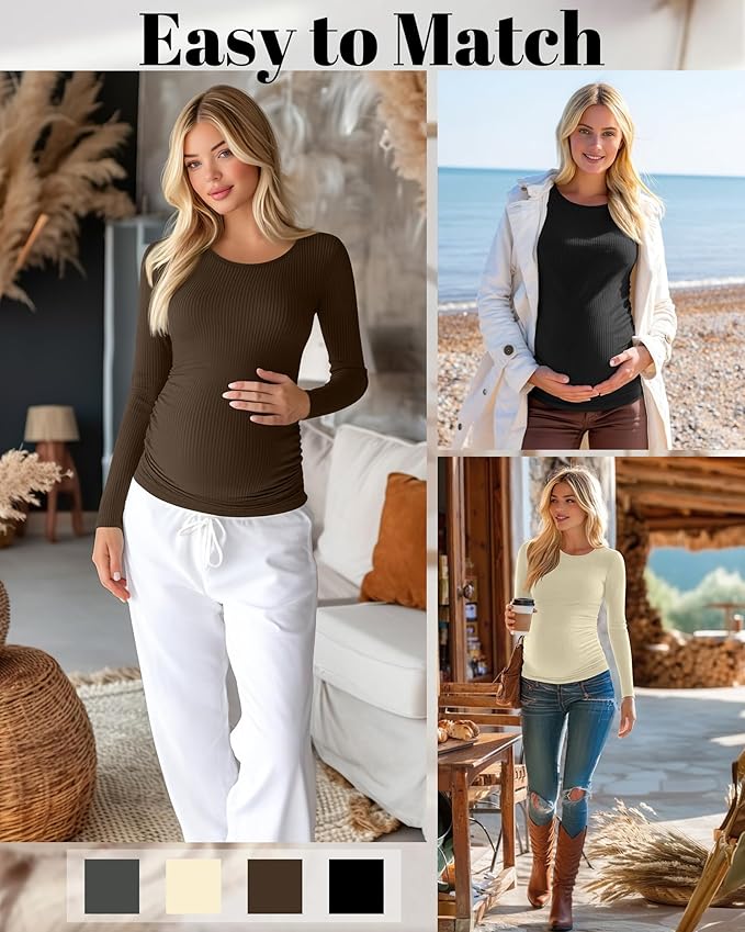 Huukeay 4 Pack Women's Maternity Shirts, Long Sleeve Cotton Ribbed Pregnancy Tops Side Ruched Crew Neck Casual Mama Clothes