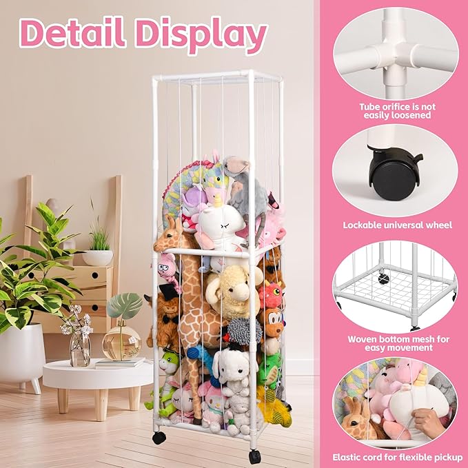 Stuffed Animal Storage Zoo with Wheels, Large Plush Toy Organizer for Kids - Extra Wide PVC Stuffed Animal Holder with Elastic Cords & Mesh Net, Nursery Playroom Toy Cage for Boys Girls Toddlers