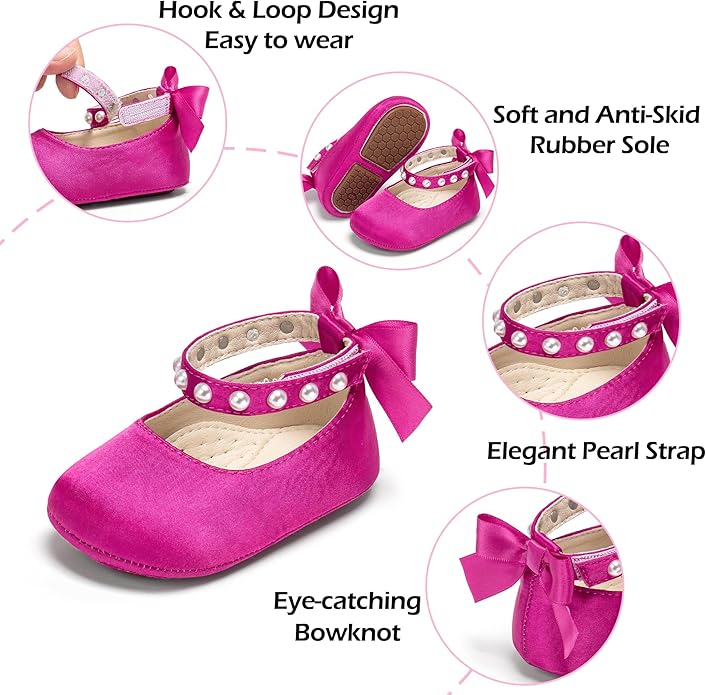 Baby Girls Mary Jane Flats - Infant Newborn Walking Shoes Soft Rubber Sole Princess Wedding