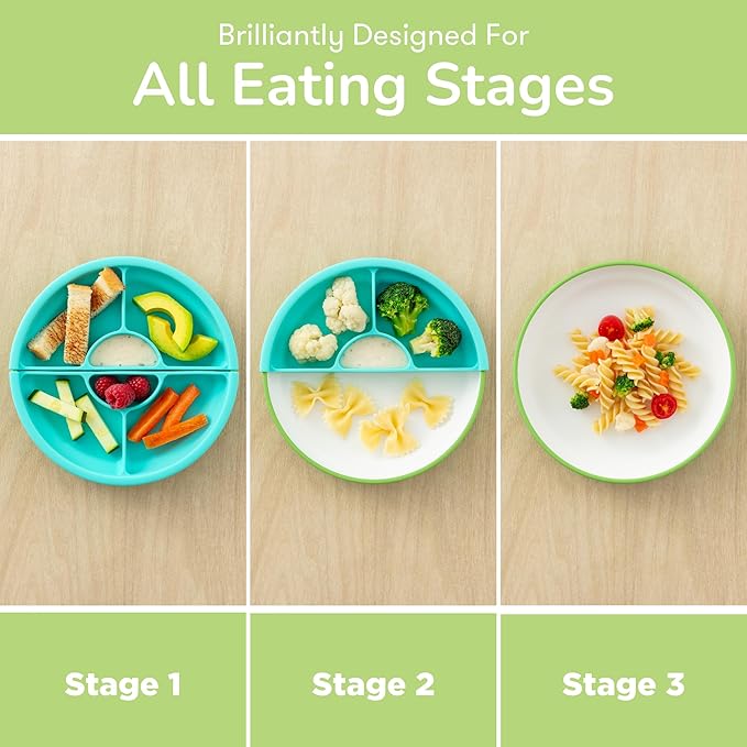 Omie® Easy Scoop Plates for Kids | Unique Design Helps Food Fall into the Spoon, Not on the Table | Made from Plants | 3 Plates + 2 Silicone Dividers | Green