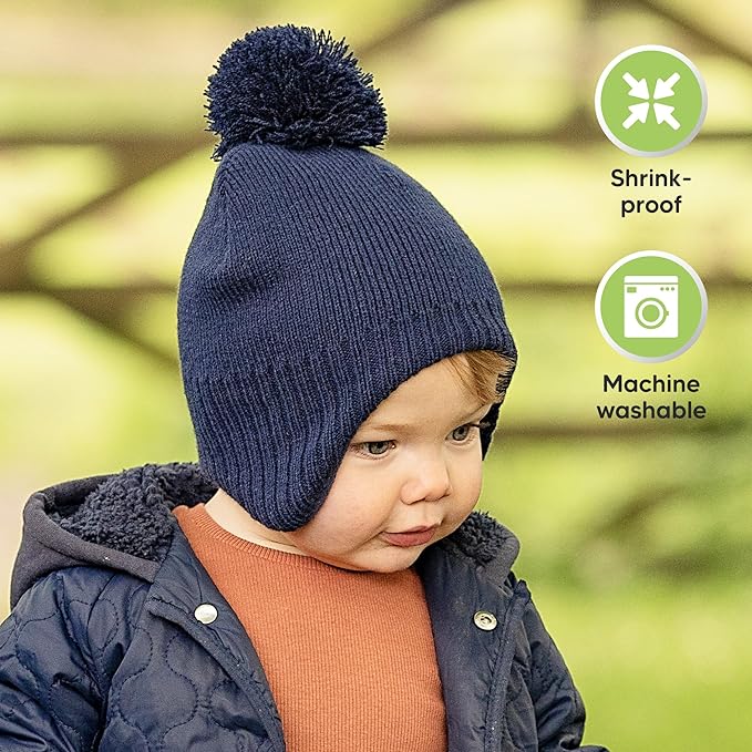 Baby Beanies, Baby Hats for Boys, Girls - Cute Toddler Winter Hat, Soft & Stretchy Beanies for Infant, Newborn 6-36 months, Cozy & Warm with Earflap Muff & Pom (Cobalt)