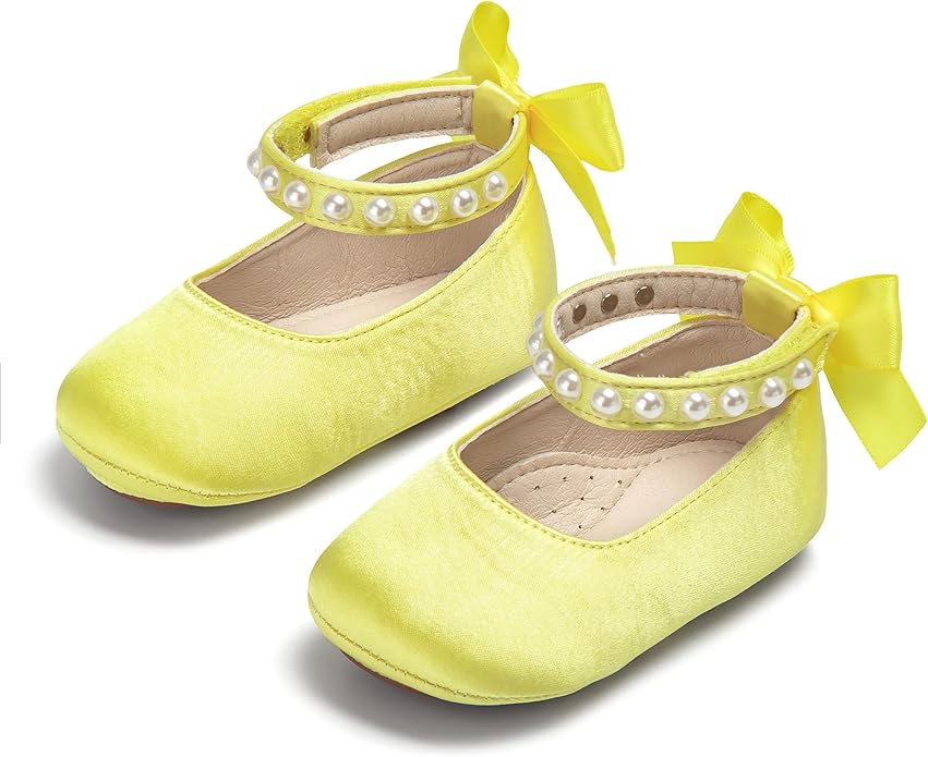 Baby Girls Mary Jane Flats - Infant Newborn Walking Shoes Soft Rubber Sole Princess Wedding