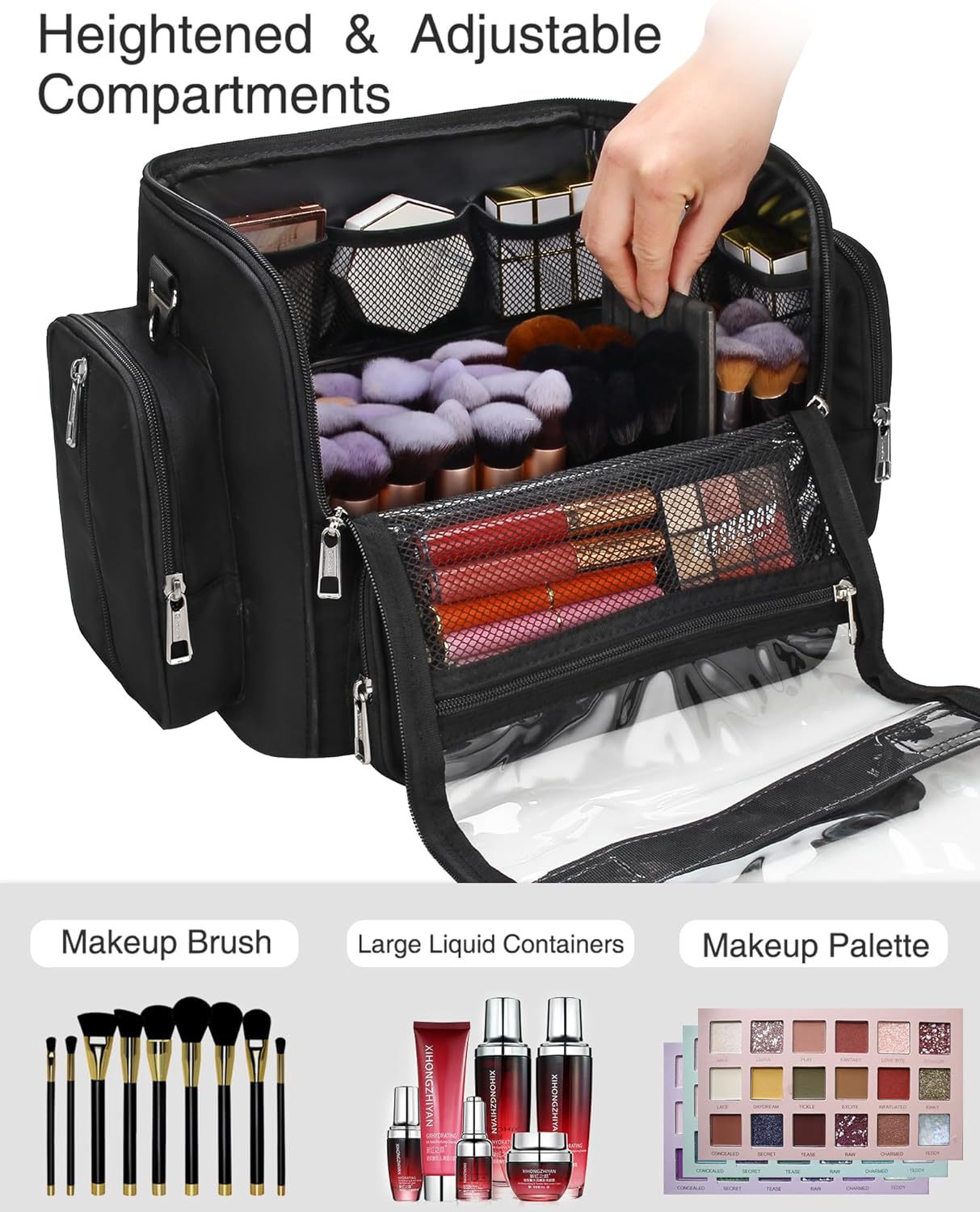 Makeup Brush Bag, Makeup Artist Must Haves, Professional Travel Makeup Brush Case, Extra Large Stand Up Make Up Brush Holder Makeup Organizer, Full Open With Compartments and Shoulder Strap