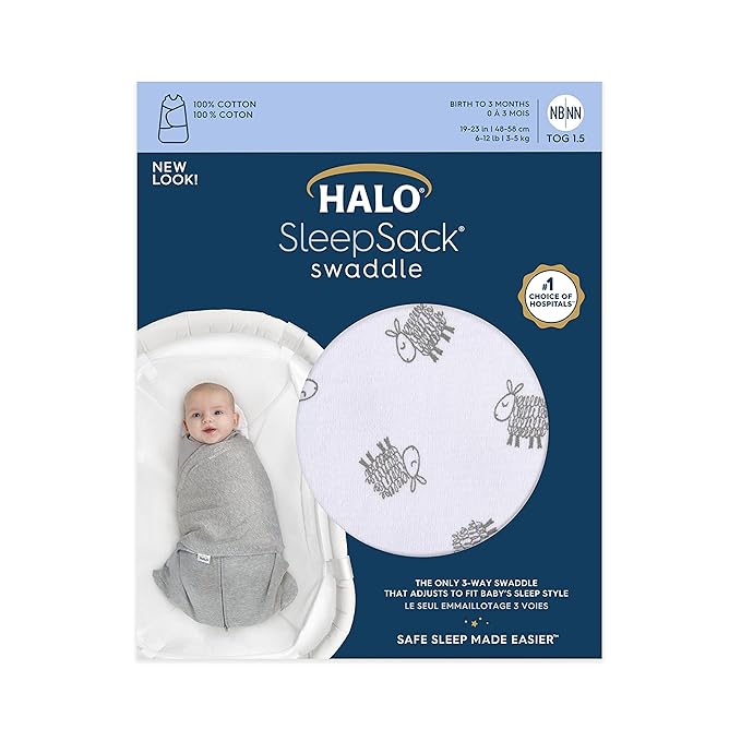 HALO 100% Cotton Sleepsack Swaddle, 3-Way Adjustable Wearable Blanket, TOG 1.5, Lamb Scribble White, Small, 3-6 Months