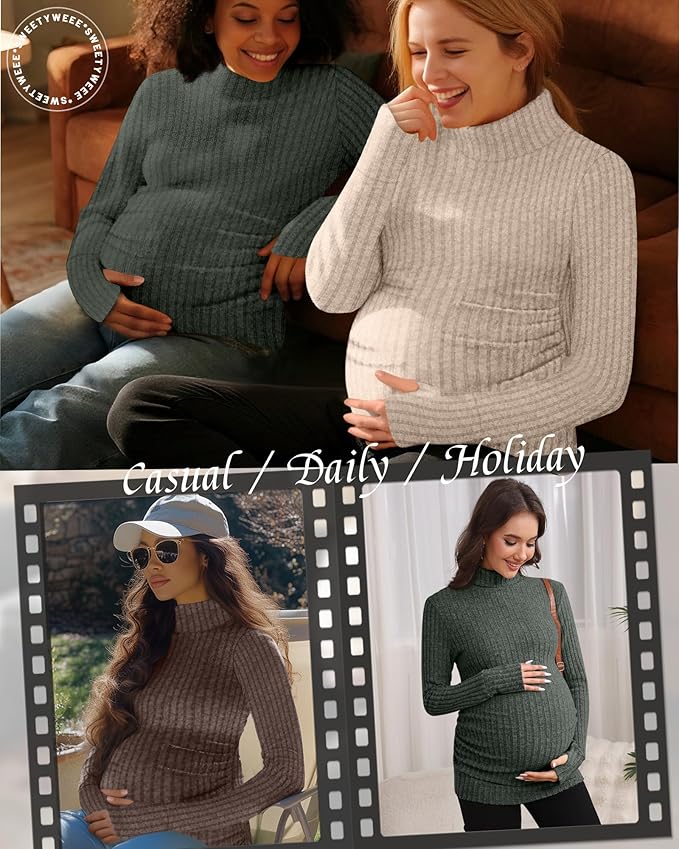 3 Pack Maternity T-Shirts Pregnancy Tops Women Sweater Long Sleeve Turtleneck Ribbed Finger Sleeve Outfits