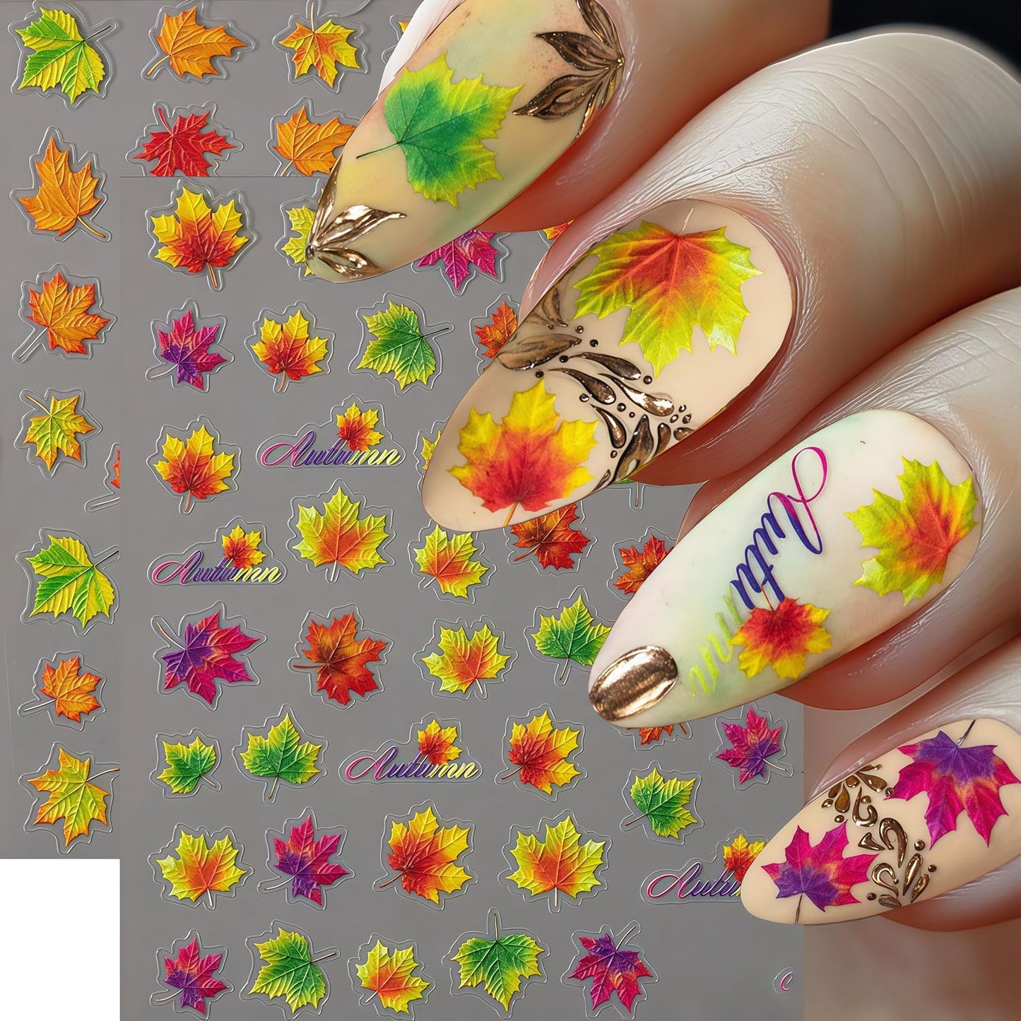 4 Sheets Fall Nail Art Stickers Maple Leaf Nail Decals 3D Self-Adhesive Autumn Leaves Design Stickers Thanksgiving Maple Leaves Nail Decals for Women Holiday DIY Manicure Decoration