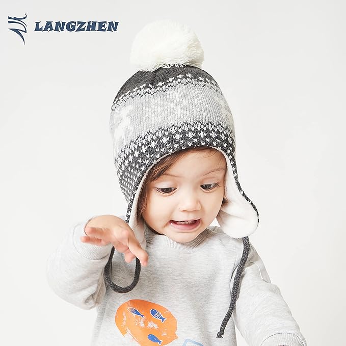 LANGZHEN Toddler Kids Infant Winter Hat,Earflap Knit Warm Cap Fleece Lined Beanie for Baby Boys Girls