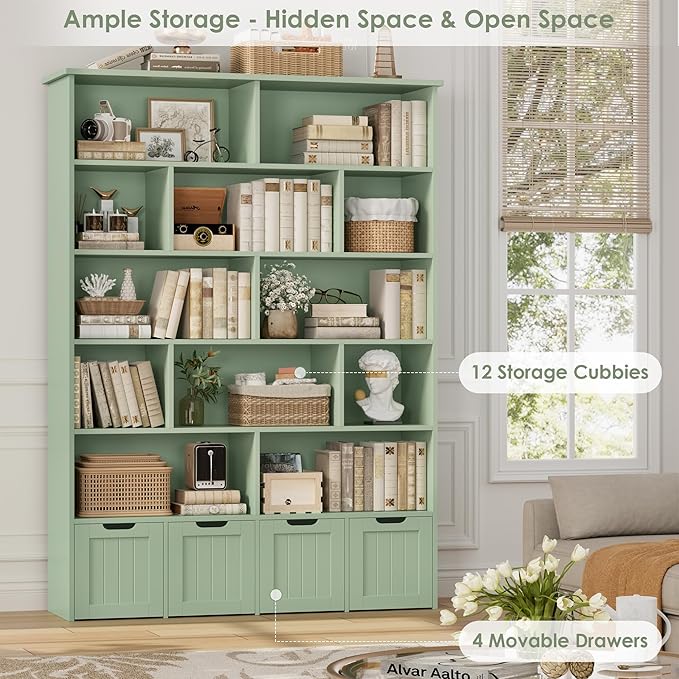 FINETONES 69" H Toy Storage Organizer, 6 Tier Tall Kids Bookshelf with 4 Movable Drawers and 12 Storage Cubbies, 49.4" W Toy Organizers and Storage Organizer Playroom Storage for Kids Room, Green
