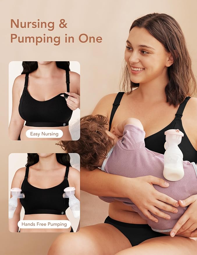 Pumping Bra Hands Free Zip Opening Design Seamless Nursing Bras for Breastfeeding High Support Nursing & Pumping Bra in One Black M