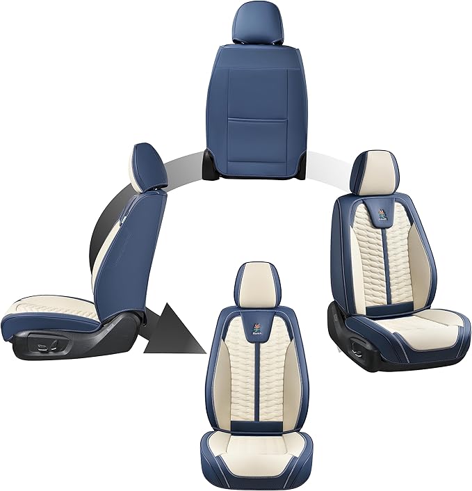 FLORICH Front Seat Covers, Leather Seat Covers, Universal Car Seat Covers 2PCS, Waterproof Car Seat Protector, Driver Seat Cover Accessories for Trucks SUV Sedans-Blue&White