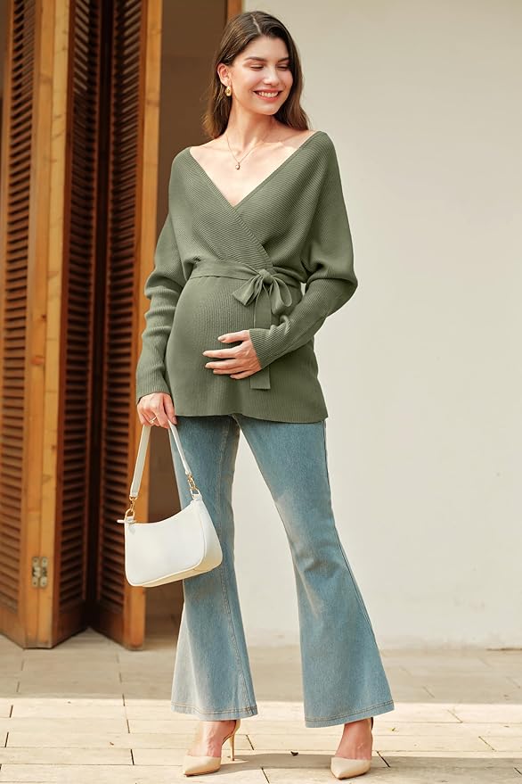 OUGES Womens Soft Cotton Blend Maternity Sweater Wrap V Neck Long Sleeve V Back Fall Shirts Pregnancy Outfits with Belt
