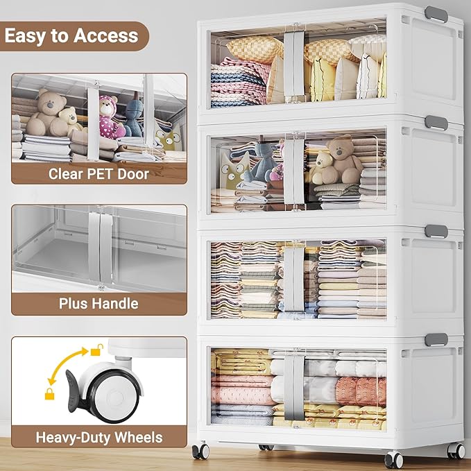 BROVIEW 160QT Stackable Storage Bins with Lids, 40Gal Extra Large Collapsible Storage Box with Wheel, Plastic Storages with Clear Door Open Front for Home Kitchen Garage, White-1pack(1 lid)