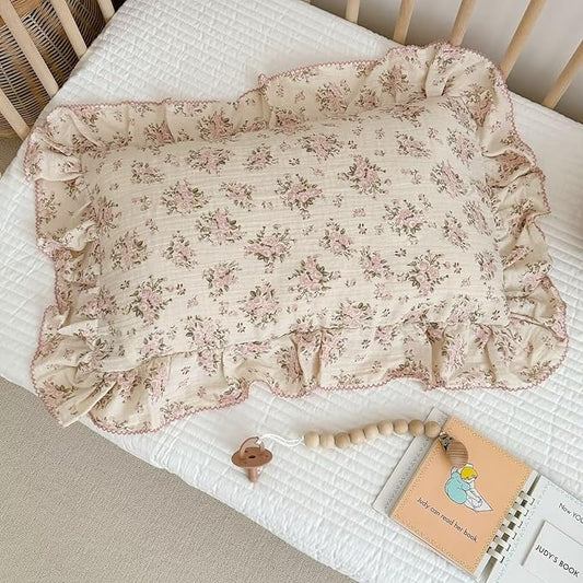 BuLuTu Cotton Muslin King Pillow Case, Chic Shabby Pink Floral Print Pillowcase for Teens Adults Children, French Country Ruffled Edges Pillow Cases,20x36 inch, 1 Piece, Pink Peony