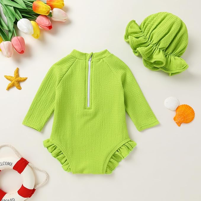 YOUNGER TREE Infant Baby Girls Swimsuit Long Sleeve Swimsuits One Piece Swimsuit Solid Color Bathing Suit with Hat, UPF 50+