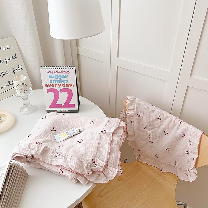AOJIM Pink Cotton Muslin Kids Toddler Pillowcase Super Soft Baby Crib Bedding Pillowcase with Ruffle Edges Machine Washable Cherry Nursery Pillowcase for Boys Girls, Durable Kids Pillow Cover, 14x20''