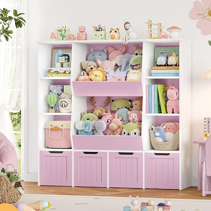 FINETONES Toy Organizers and Storage with 4 Movable Drawers, Large Toy Storage Organizer with 8 Open Storage Cubbies, Kids Bookshelf and Toy Storage with Hidden Wheels for Playroom, Kids Room,Pink