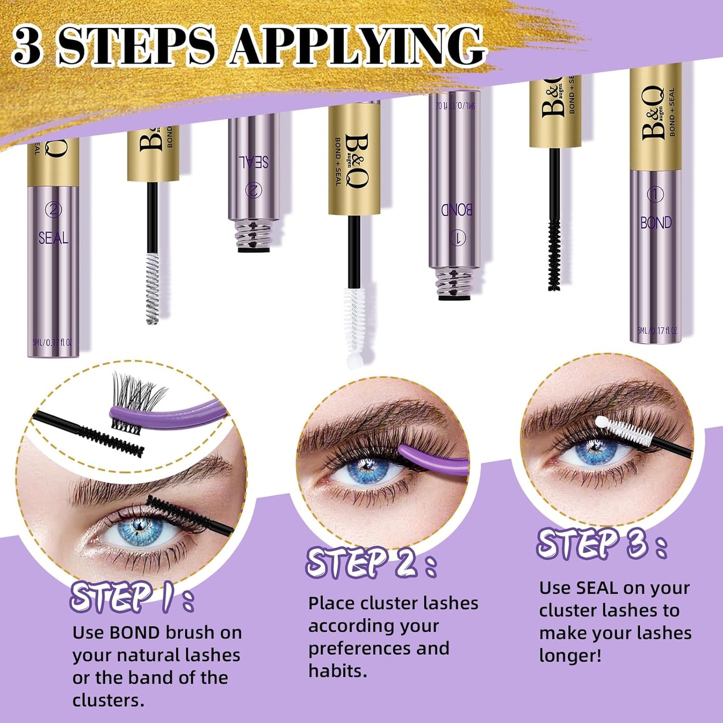 B&Q Lash Cluster Glue 10ml, Waterproof Bond and Seal Lash Glue, Long Lasting cluster lash glue, 2 in 1 Eyelash glue for Clusters Use Strong Hold 48h (Bond & Seal)